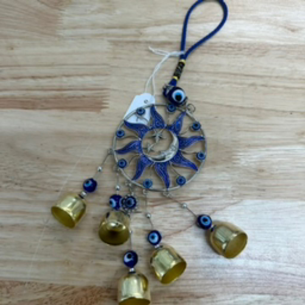Blue Eye / Evil Eye Sun Moon w/ Bells Metal Hanging