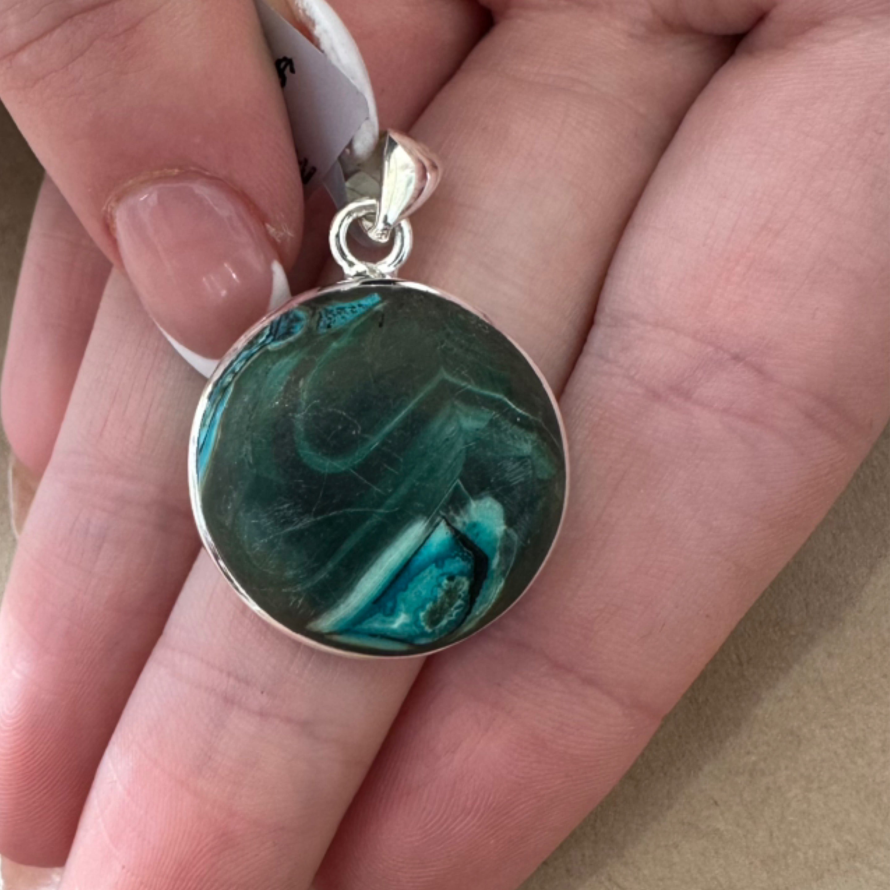 Malachite and Azurite Round Sterling Silver Pendant