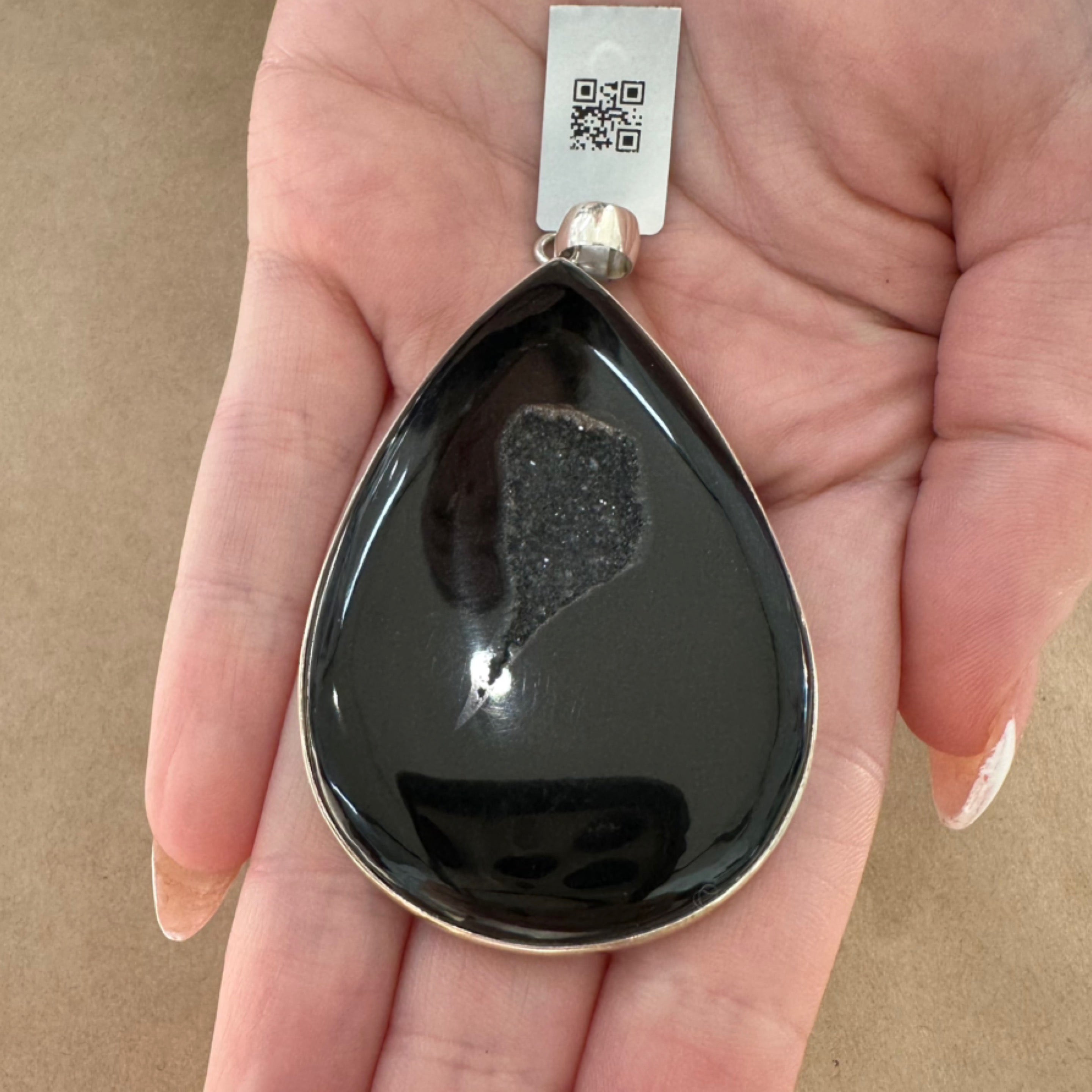 Black Onyx & Druzy Teardrop Sterling Silver Pendant