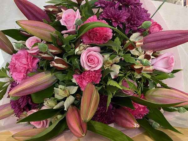 Bright seasonal bouquet featuring pink flowers and foliage at My Florist Launceston