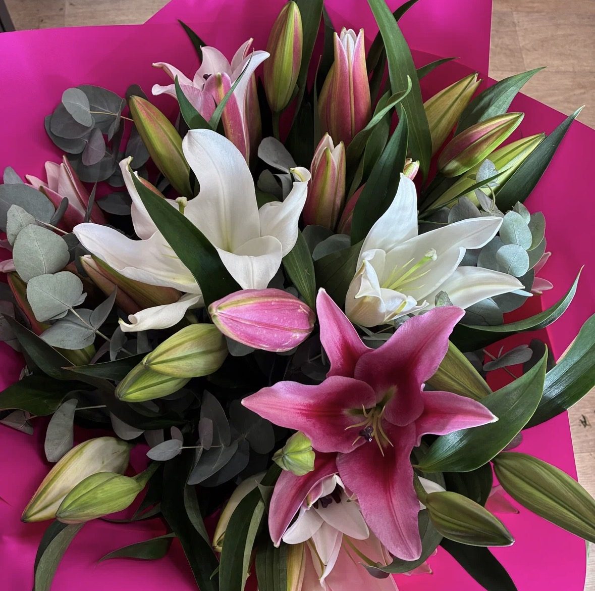 Premium Oriental lily bouquet in white or pink shades at our Launceston flower shop.