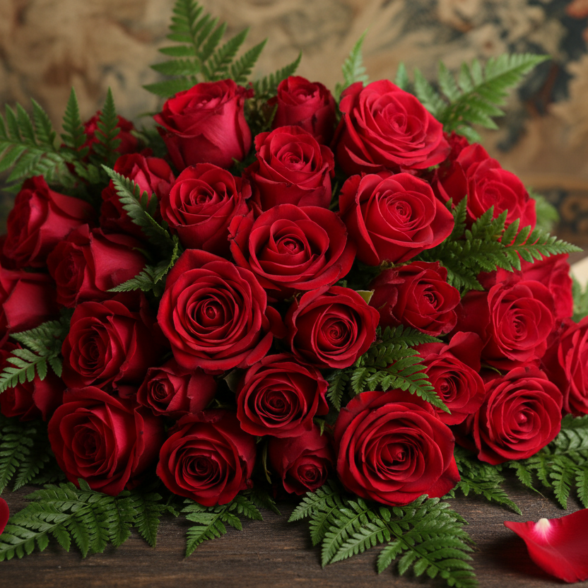 Bouquets of dozen red roses with lush fern foliage for valentine's day