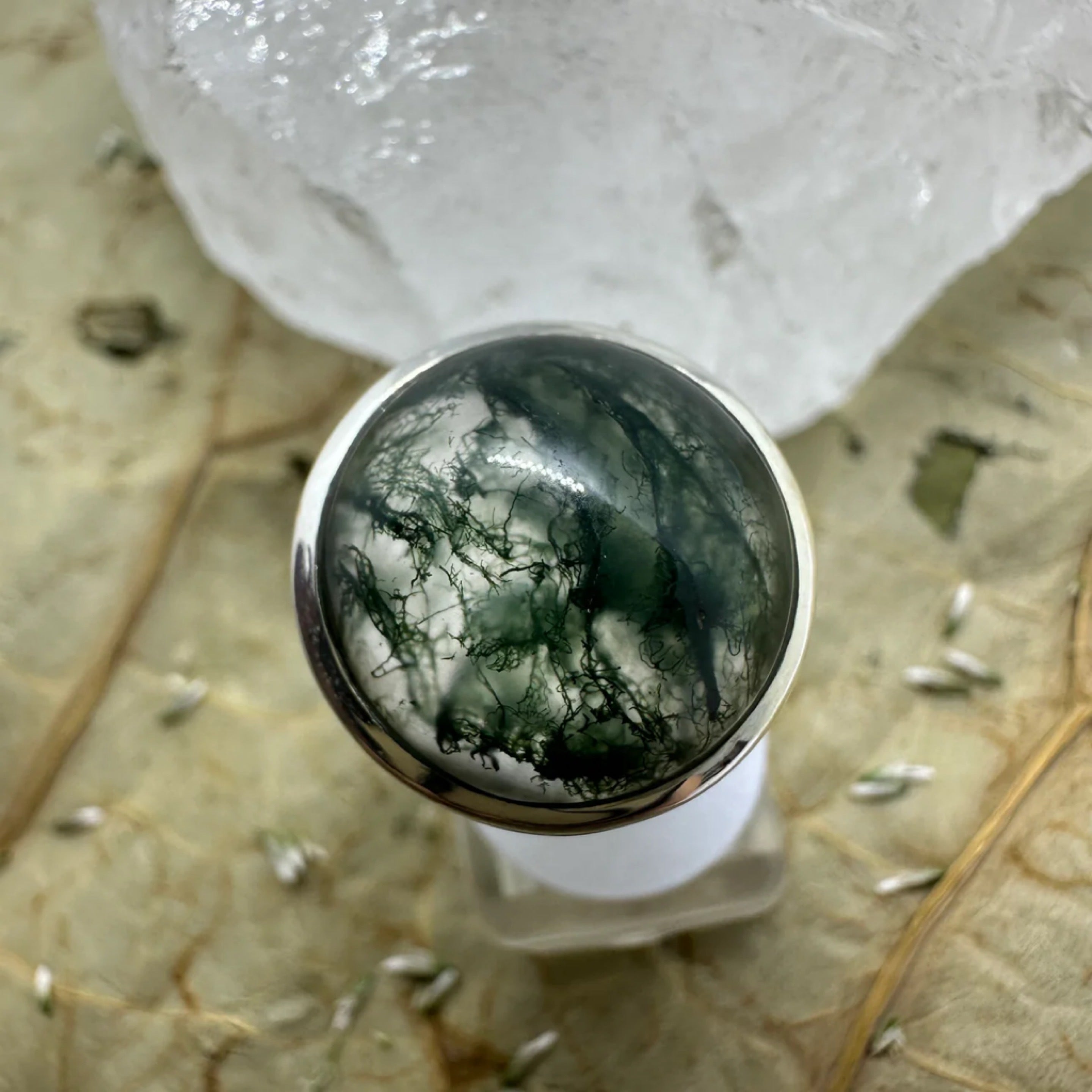 Moss Agate Round Medium 925 Sterling Silver Ring - Size 7 - Quality Gemstone Jewellery