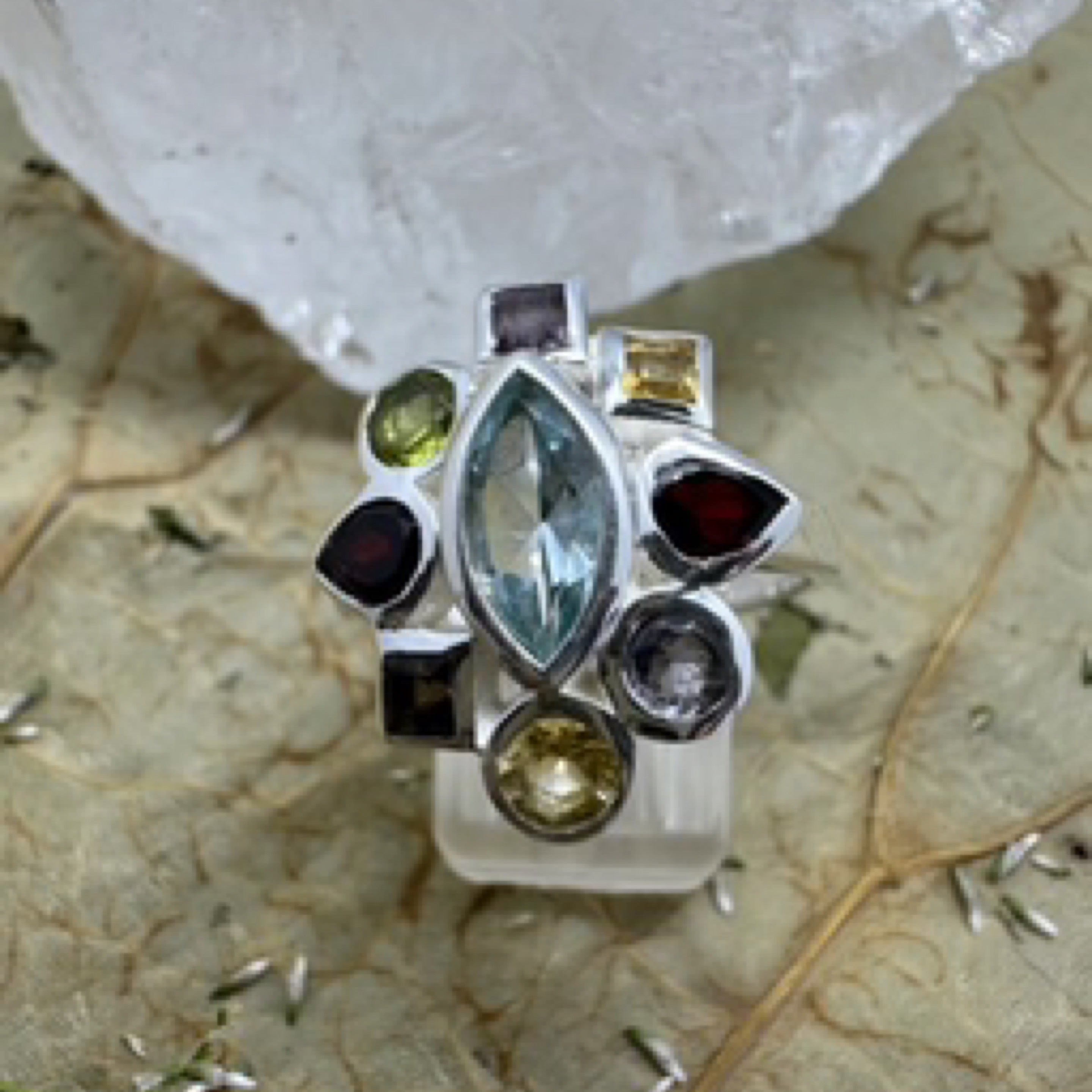 Multi Gemstone Flower Large 925 Sterling Silver Ring - Size 9 - Quality Gemstone Jewellery