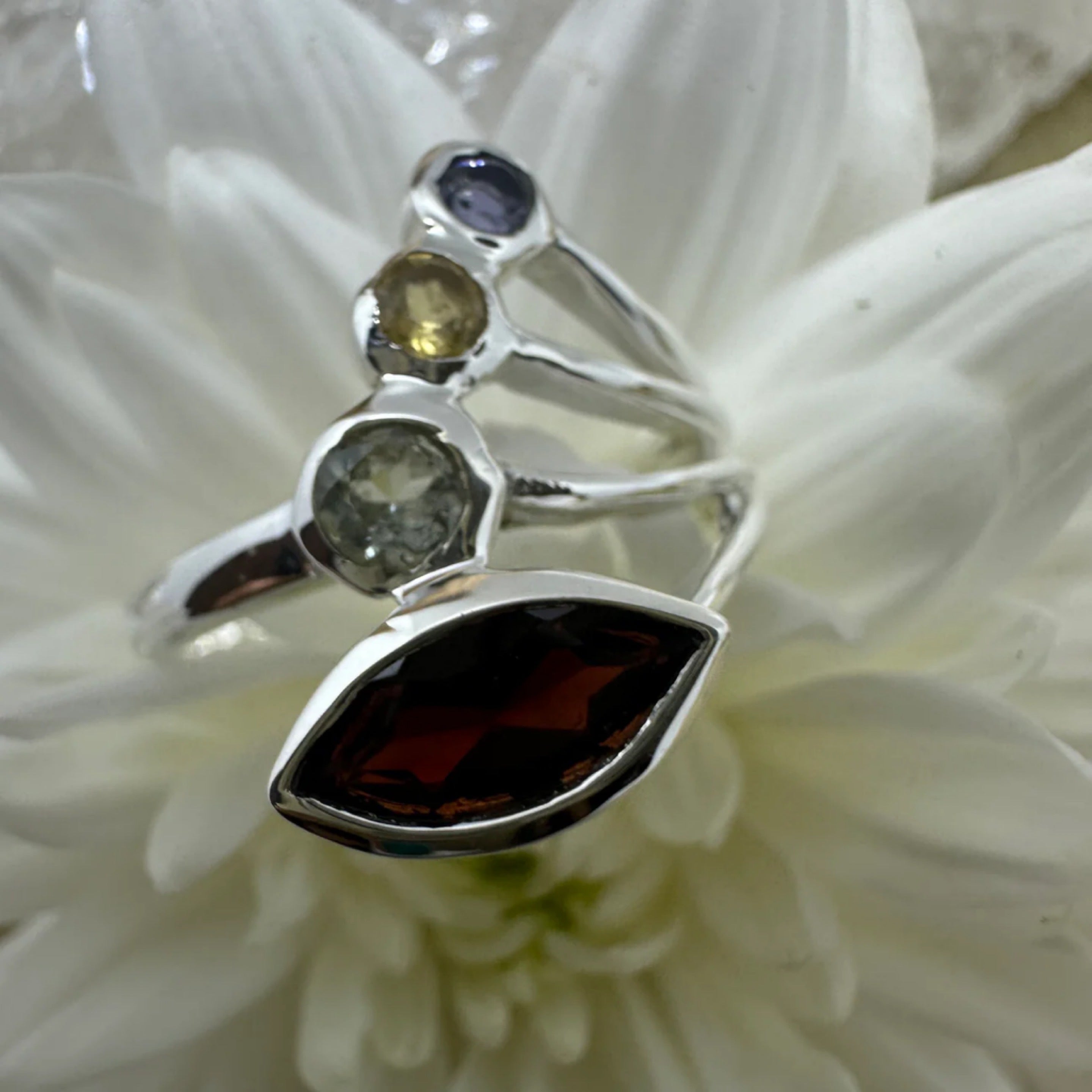 Multi Gemstone Garnet, Herkimer, Citrine & Iolite 925 Sterling Silver Ring - Size 9 - Quality Gemstone Jewellery