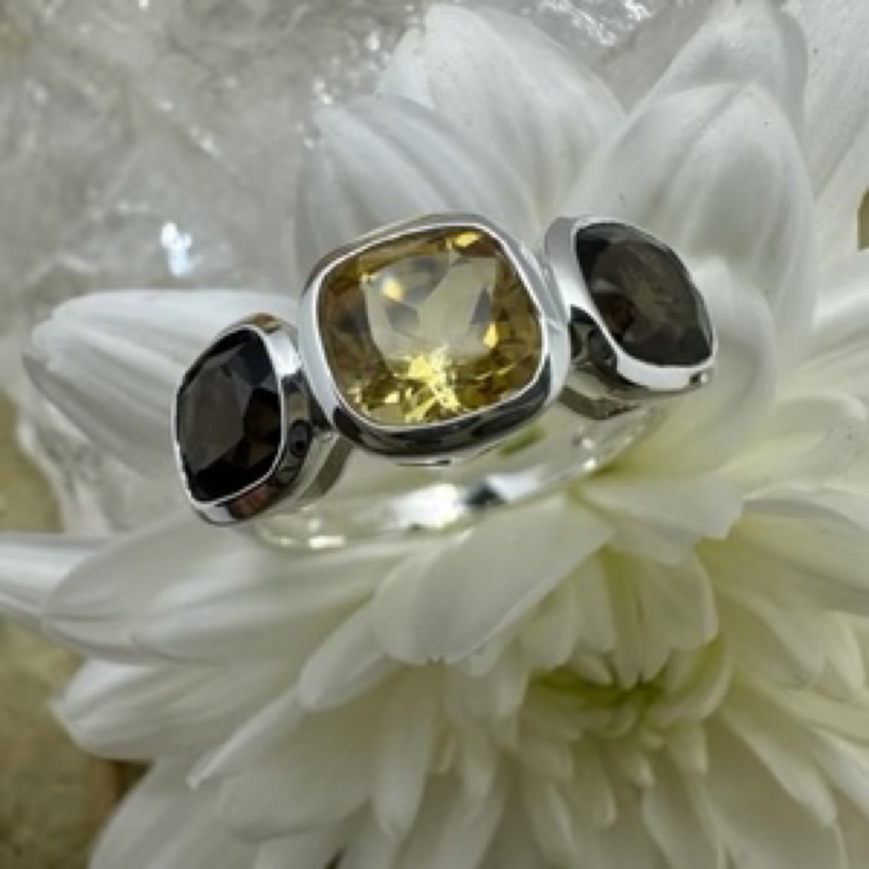Citrine & Smoky Quartz 925 Sterling Silver Ring - Size 9 - Quality Gemstone Jewellery