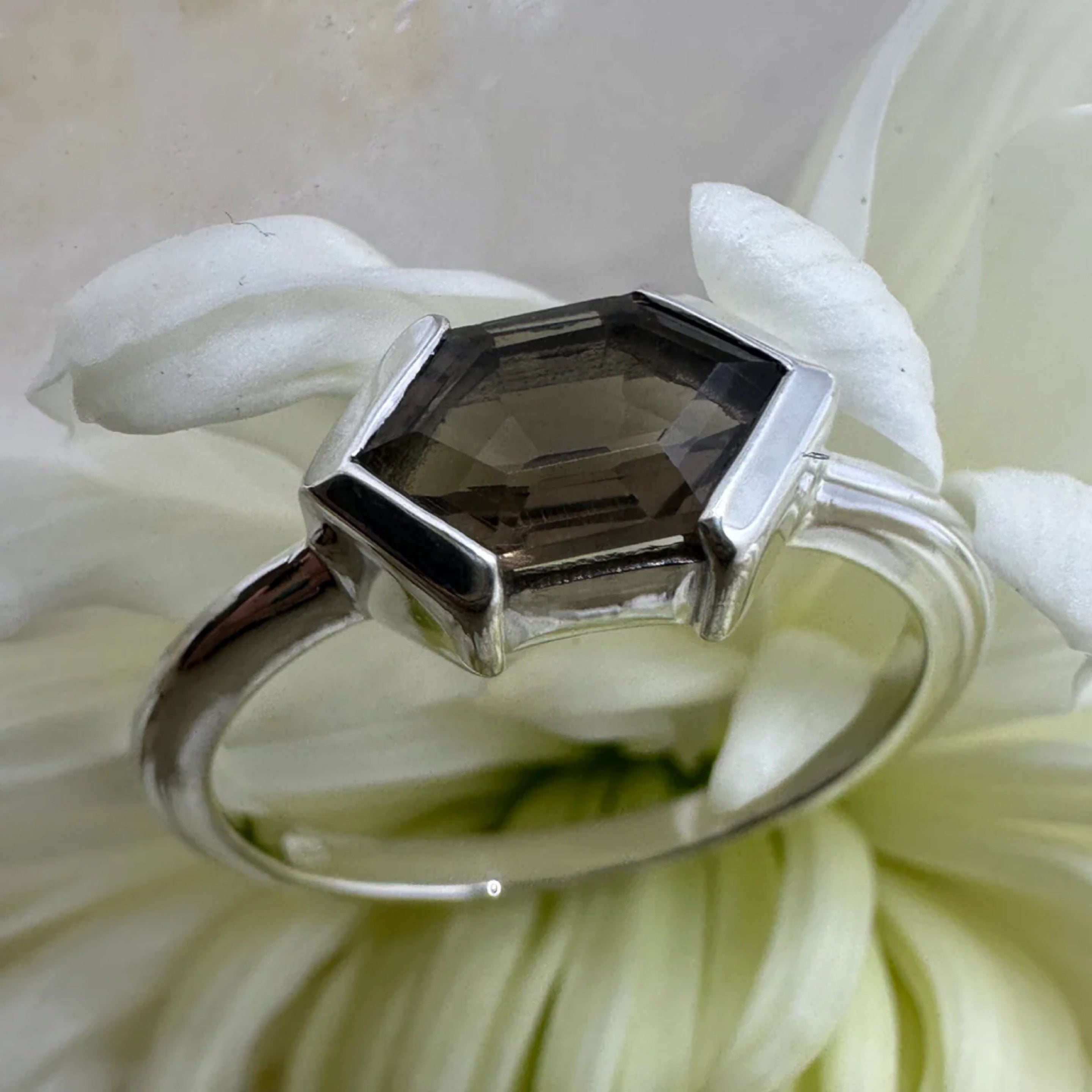 Smoky Quartz Six Sided Sterling Silver Ring - Size 8 - Quality Gemstone Jewellery