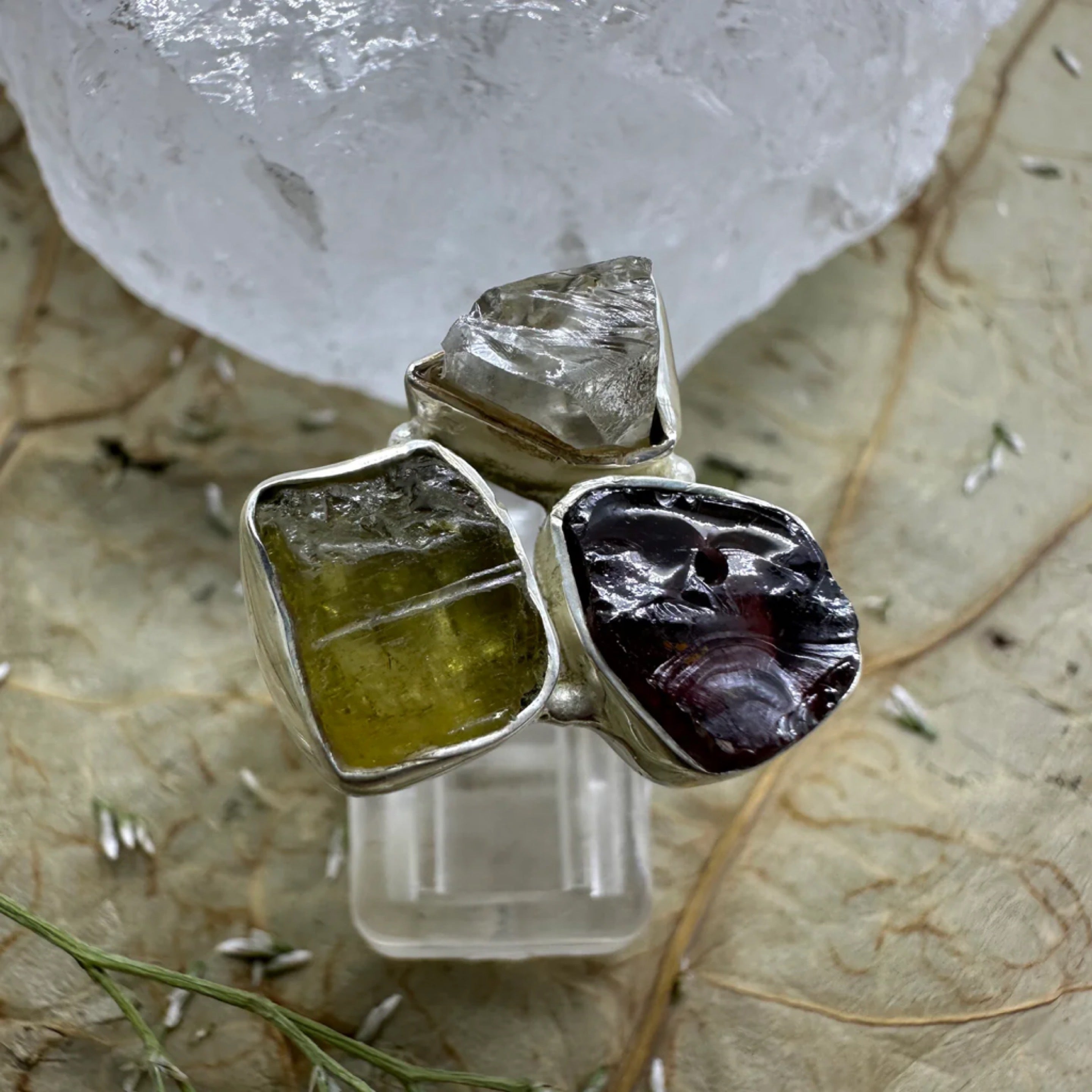 Trio Multi Rough Gemstone 925 Sterling Silver Ring - Size 9 - Quality Gemstone Jewellery