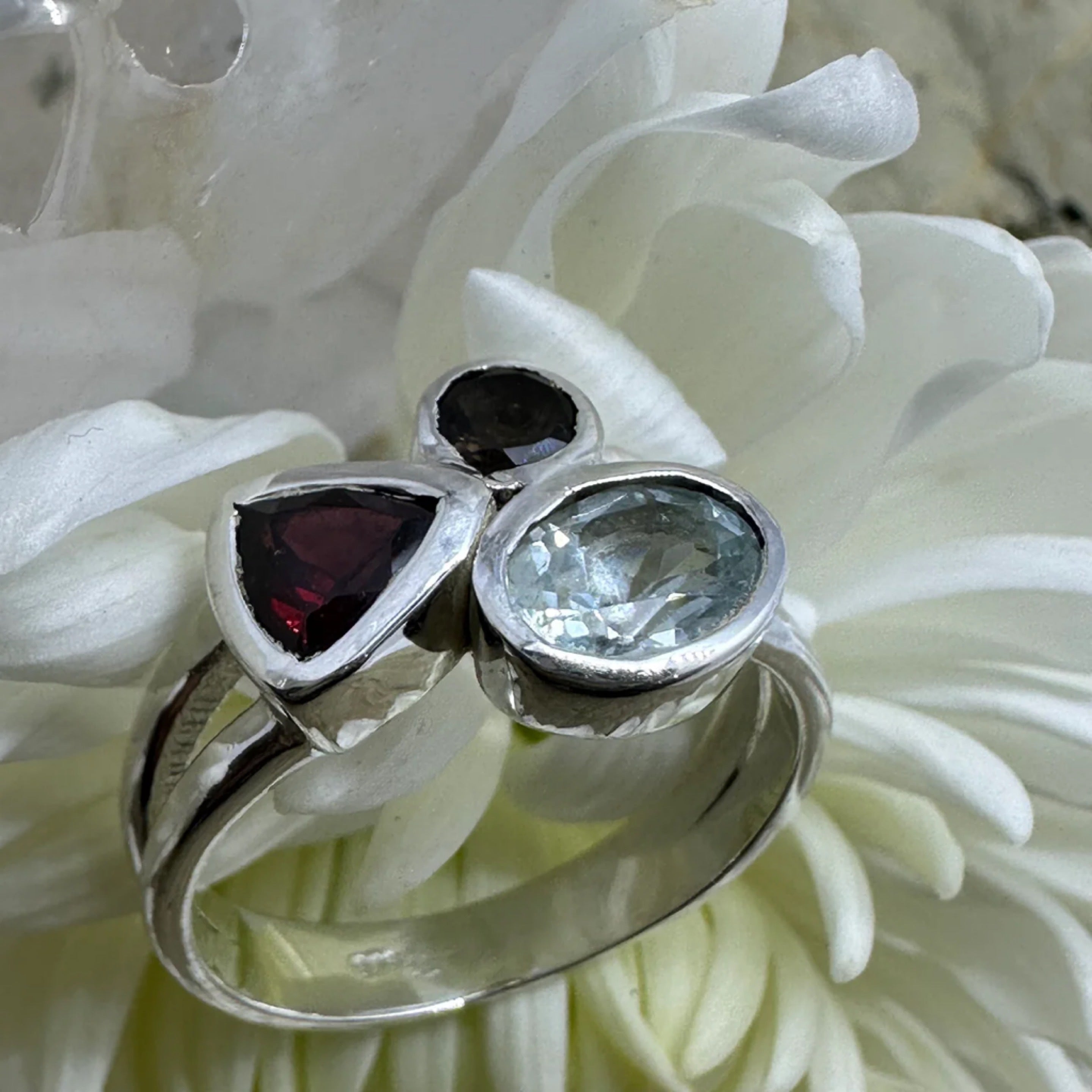 Trio Multi Gemstone Herkimer, Smoky & Garnet 925 Sterling Silver Ring - Size 8 - Quality Gemstone Jewellery