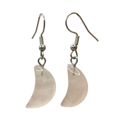Rose Quartz Crescent Moon Surgical Steel Earrings.