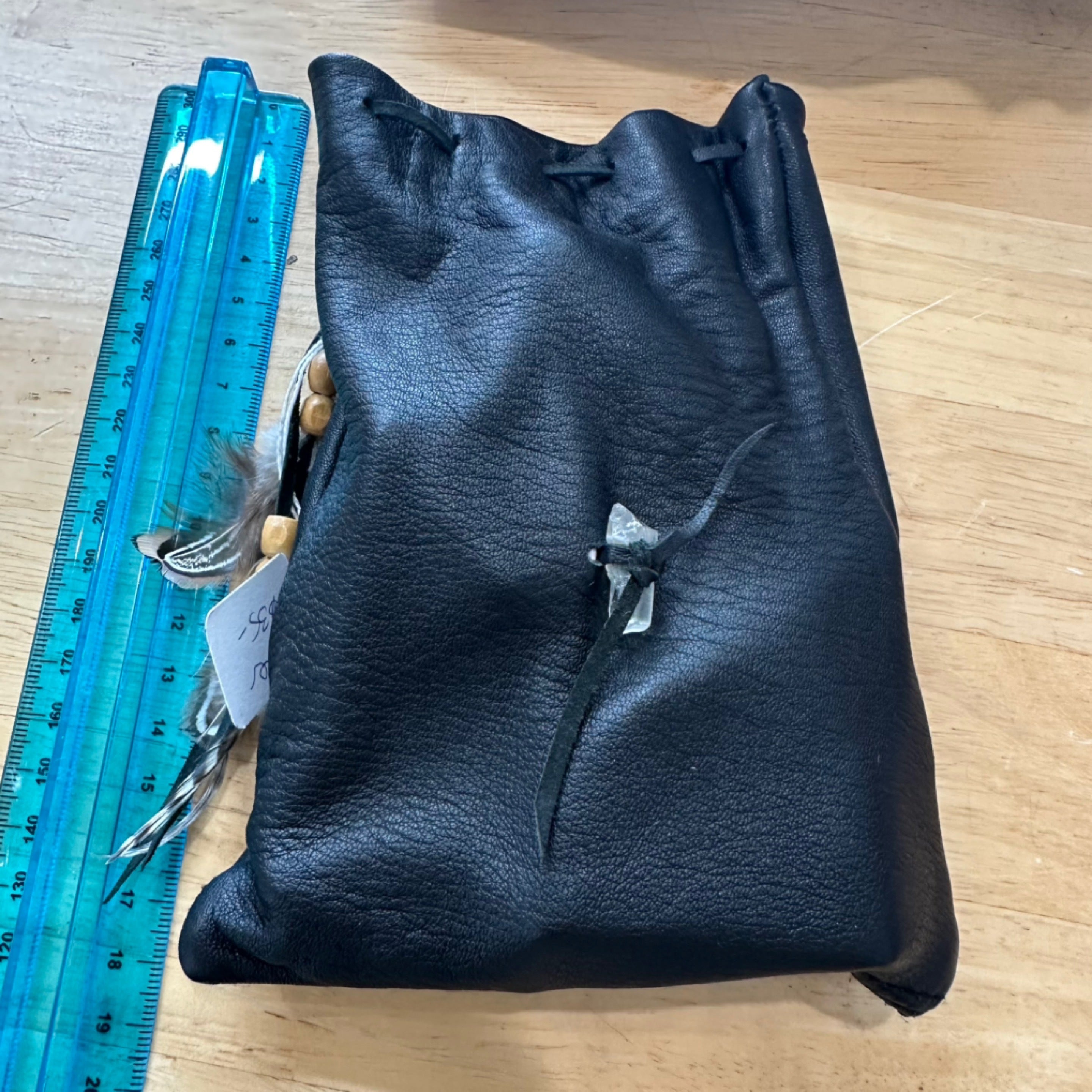 Leather Bag with Clear Quartz & Feathers Black