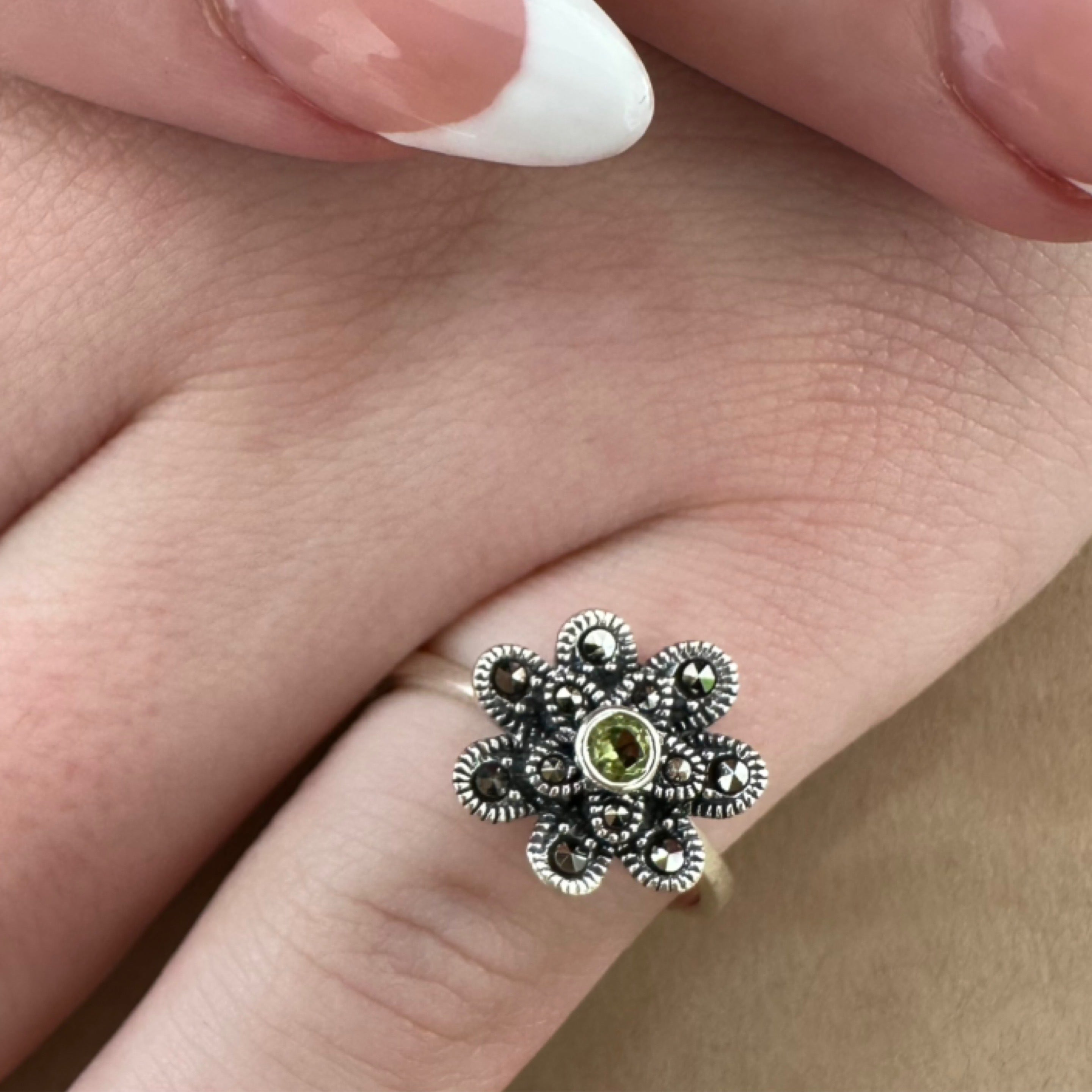 Peridot Marcasite Ring Size 7
