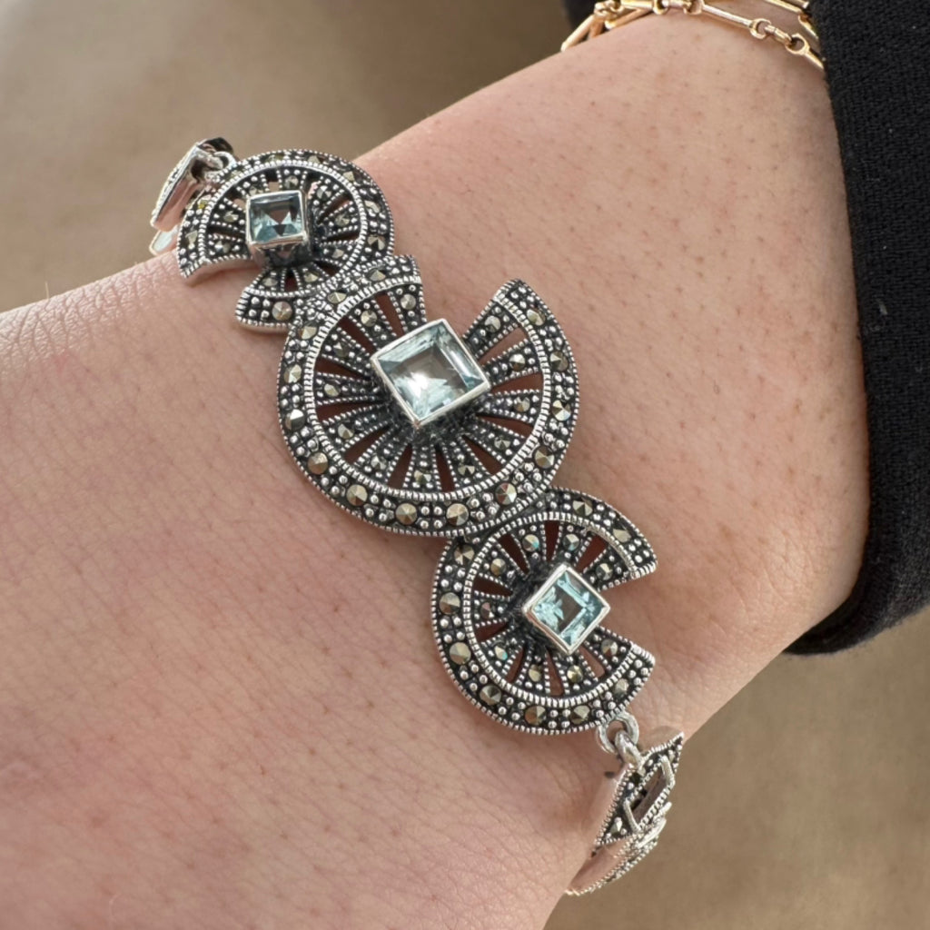 Marcasite & Blue Topaz Art Deco Link Bracelet – 7.51”