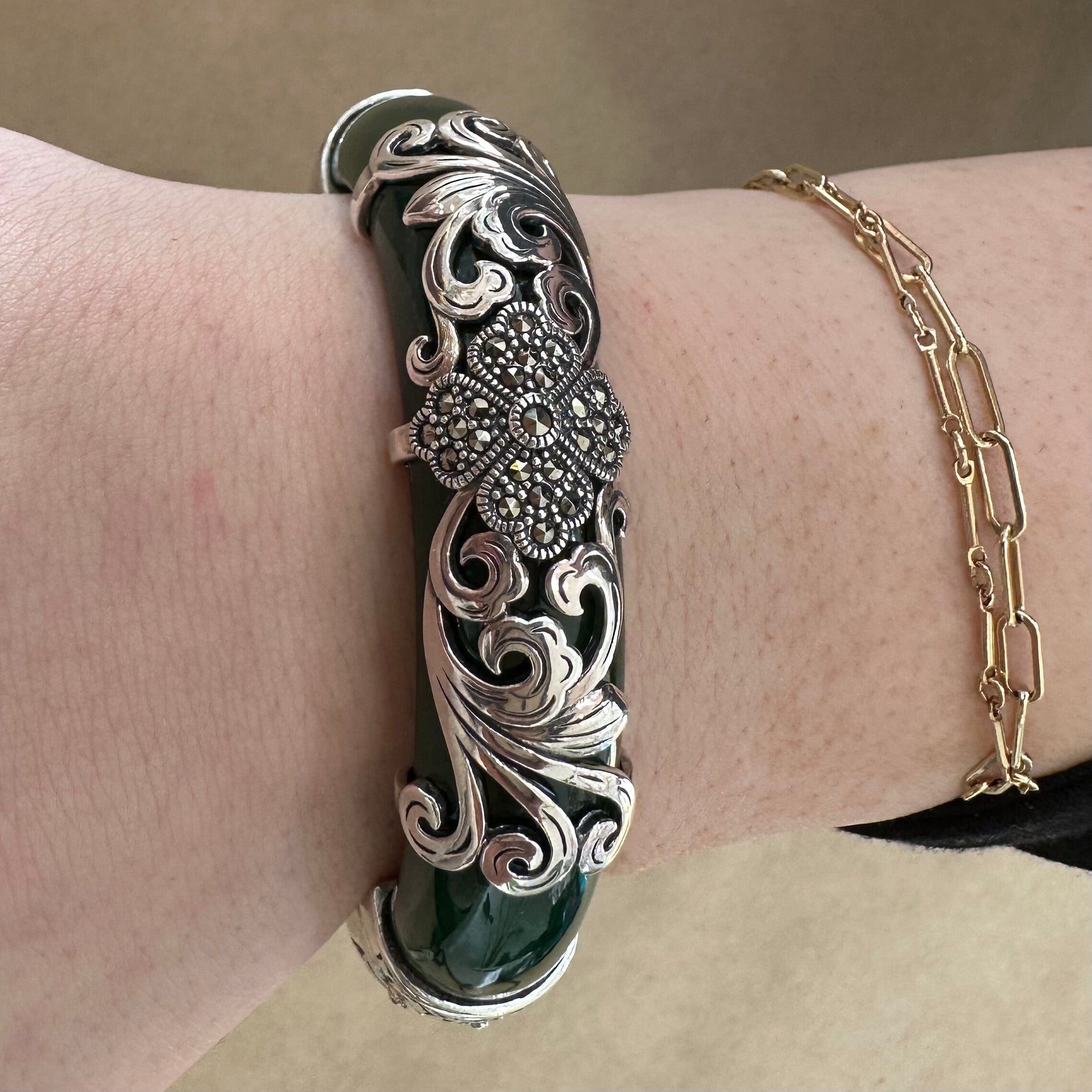 Jade & Marcasite Exquisite Sterling Silver Bangle – Hinged with Clasp