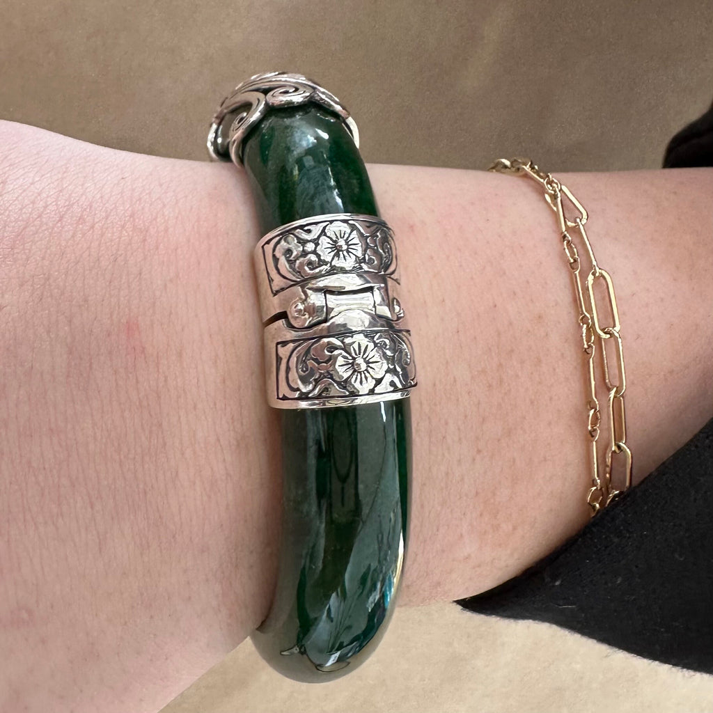 Jade & Marcasite Exquisite Sterling Silver Bangle – Hinged with Clasp