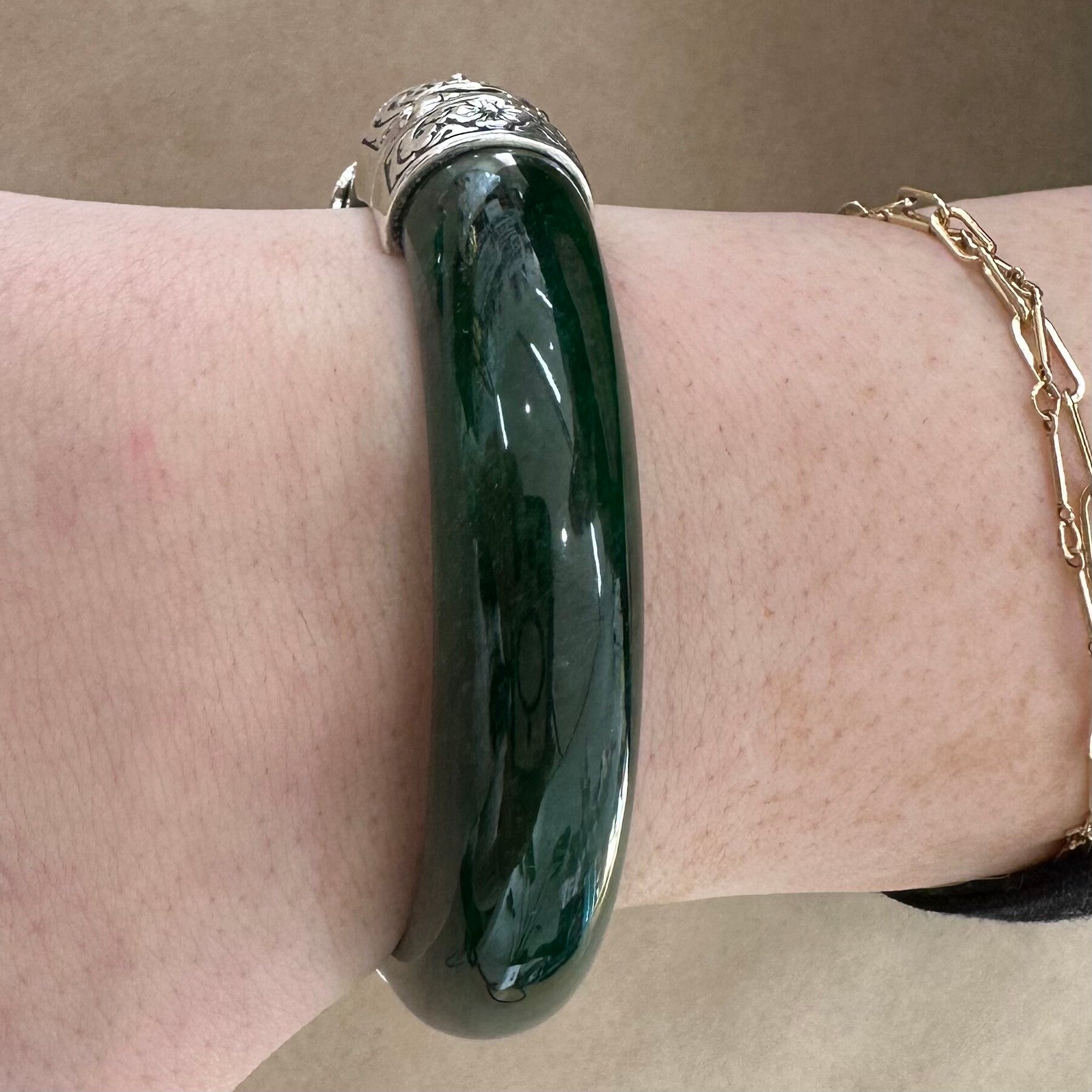 Jade & Marcasite Exquisite Sterling Silver Bangle – Hinged with Clasp