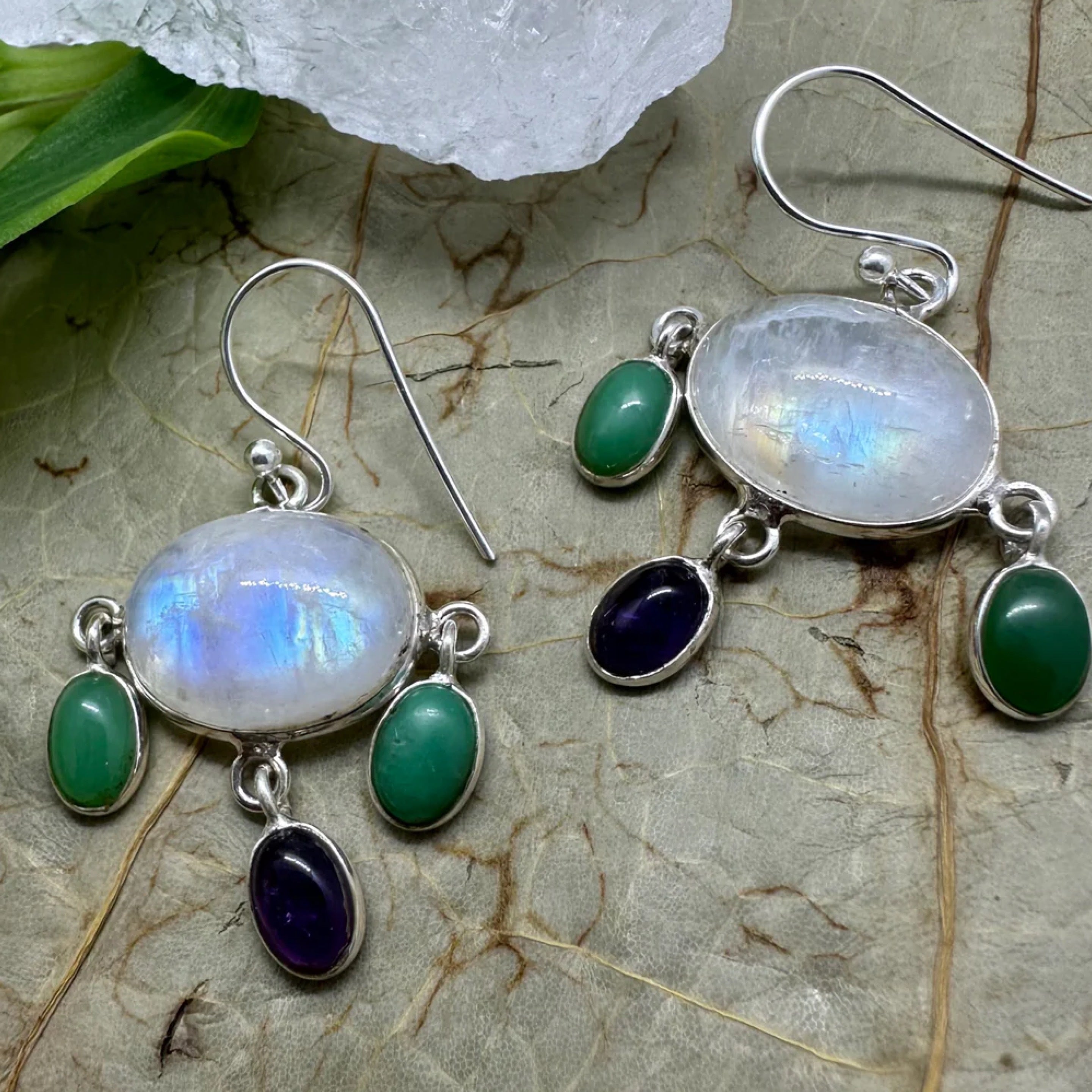 Moonstone with Amethyst & Green Aventurine 925 Sterling Silver Earrings - Quality Gemstone Jewellery
