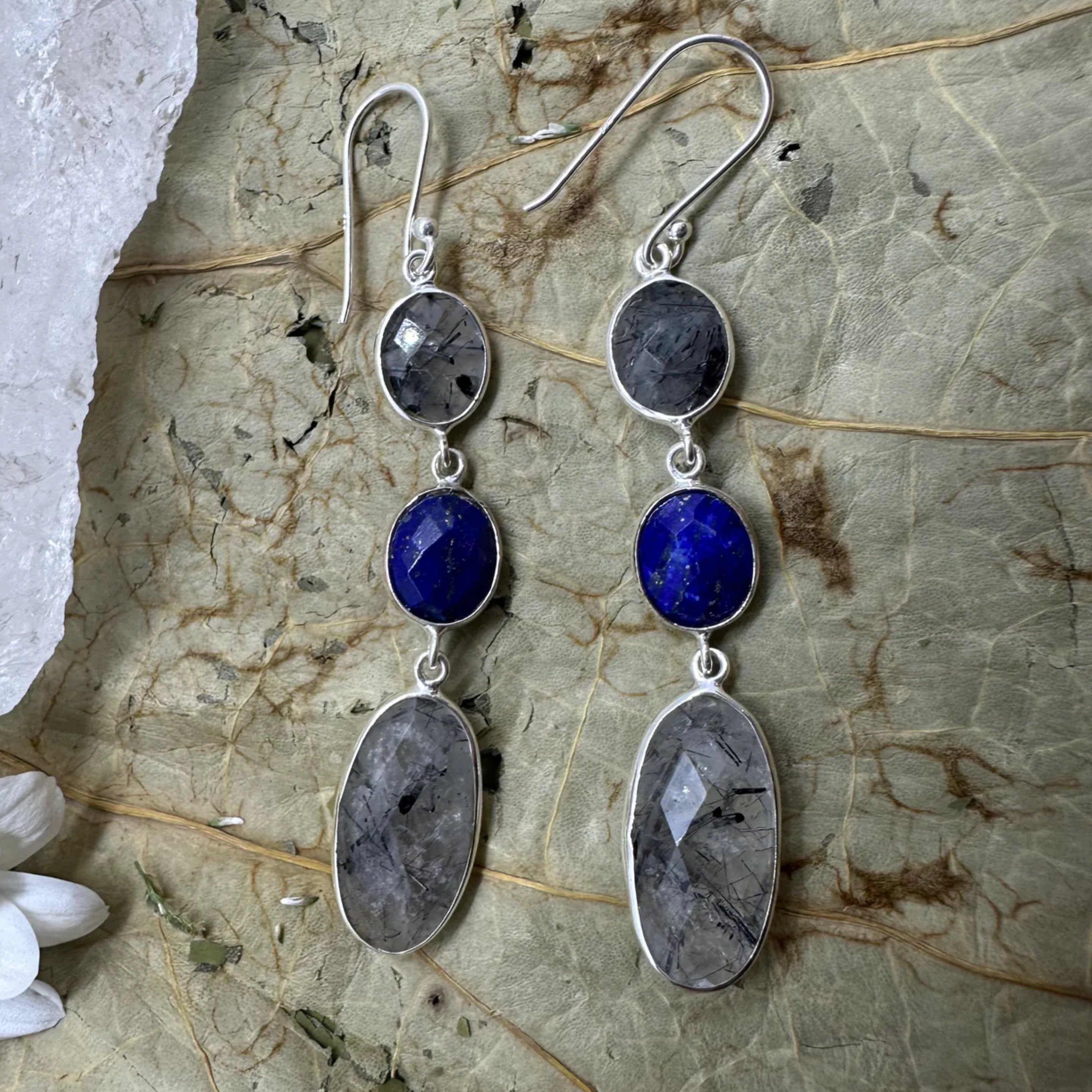 Rutile Quartz & Lapis Lazuli - 925 Sterling Silver Earrings Quality Gemstone Jewellery