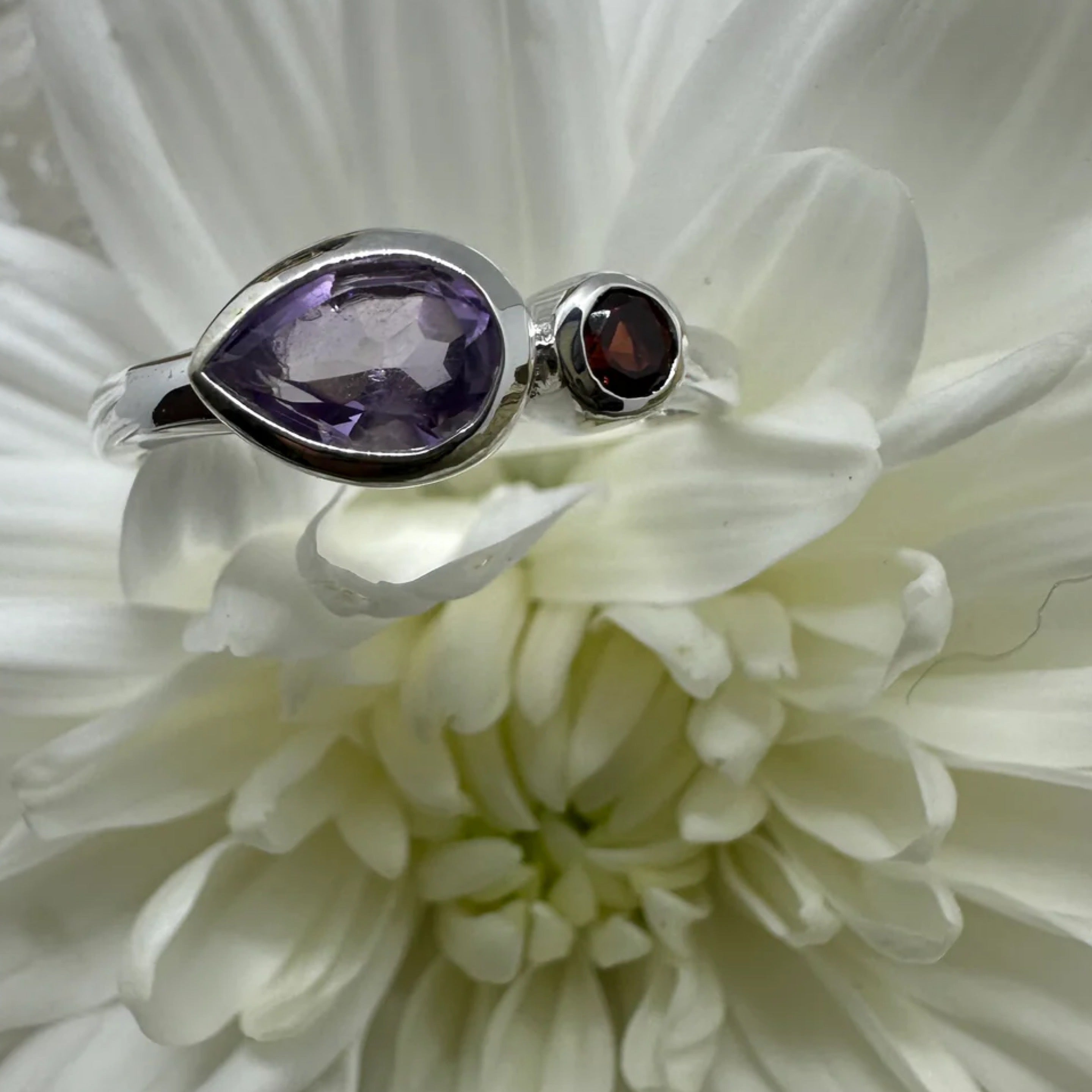 Amethyst Raindrop with Garnet Duo Gemstone 925 Sterling Silver Ring - Sizes 7 - Quality Gemstone Jewellery