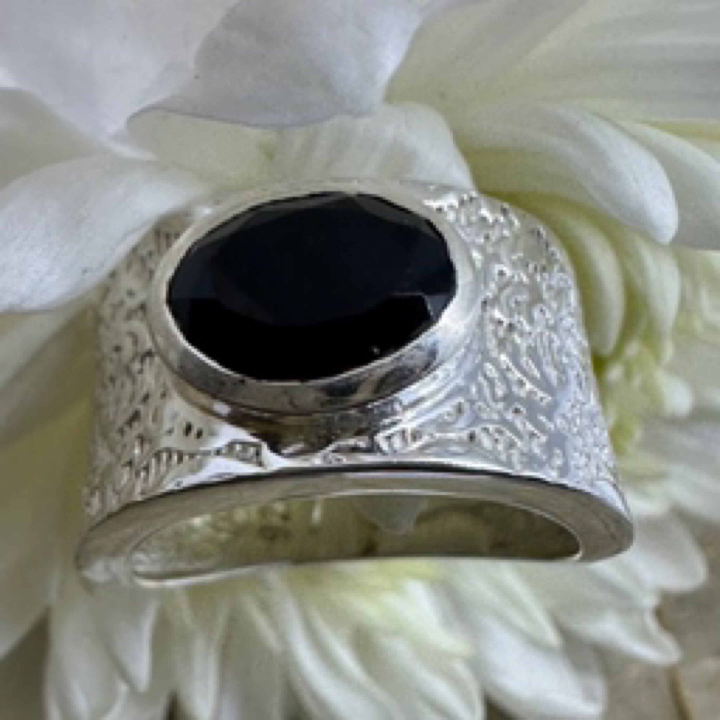 Black Onyx Wide Band Sterling Silver Ring - Size 8 - Quality Gemstone Jewellery