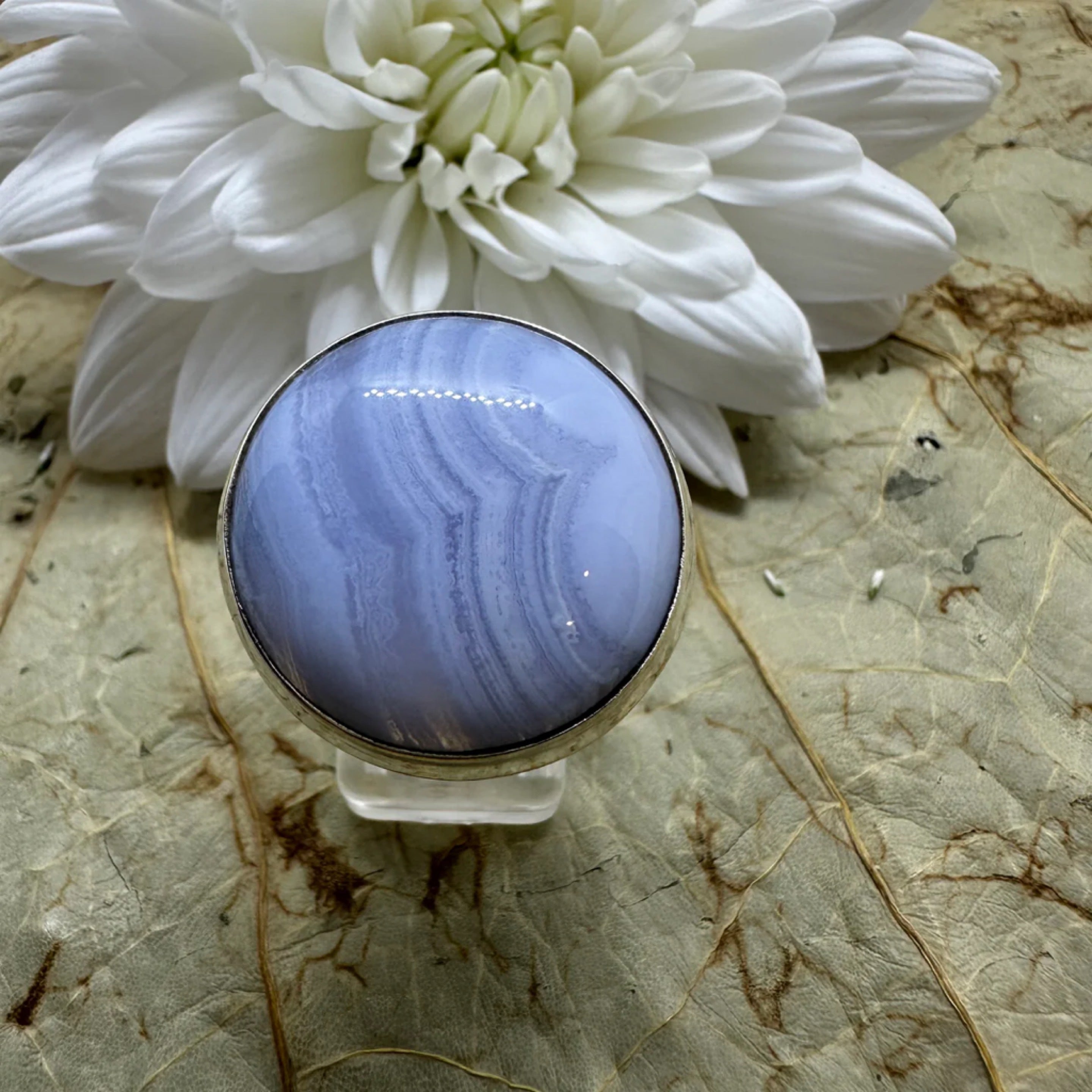 Blue Lace Agate Large Round Sterling Silver Ring - Size 7 - Quality Gemstone Jewellery