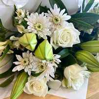 Elegant seasonal white bouquet including roses at My Florist Launceston