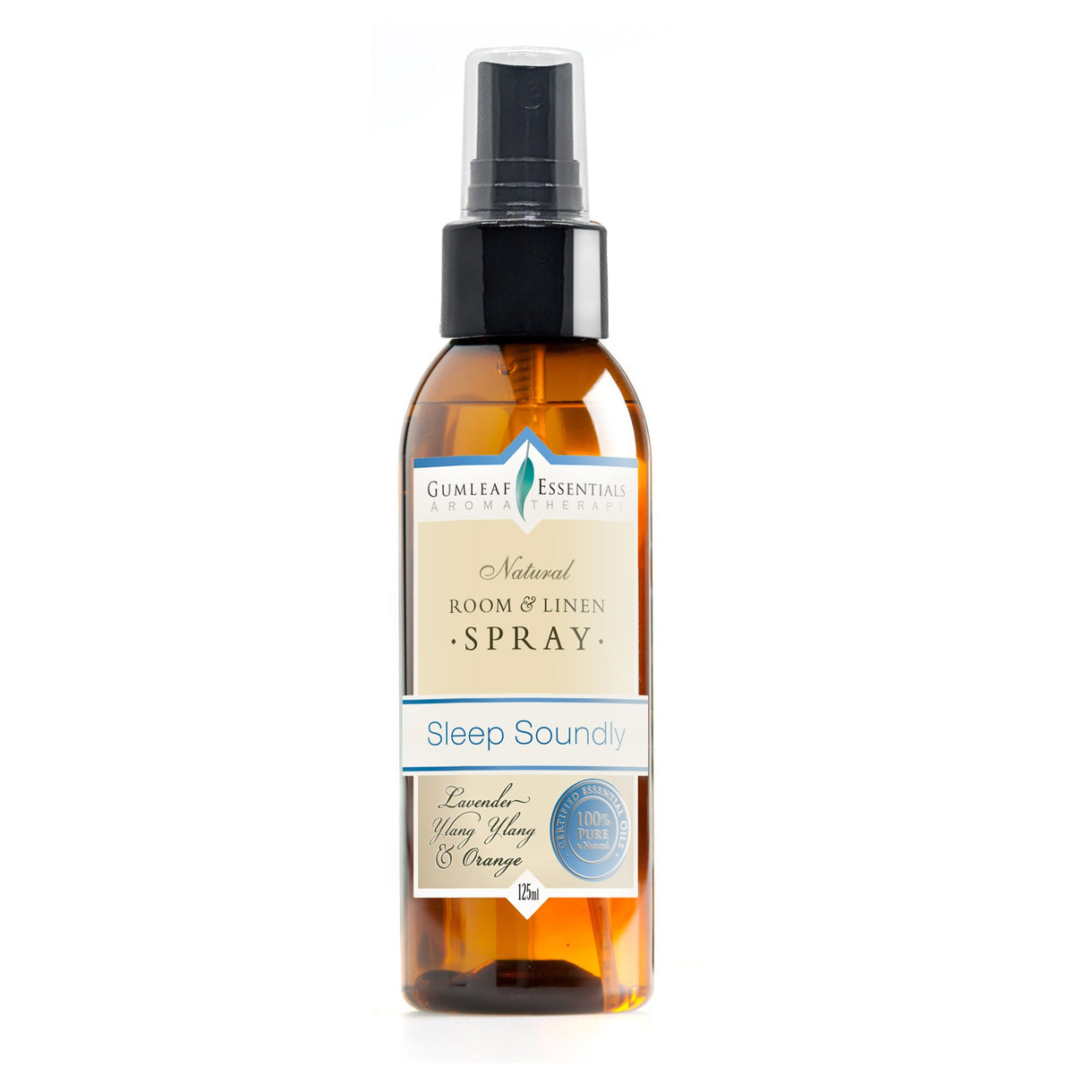 Bottle of Gumleaf Essentials room and linen spray on a white background. Sleep Soundly blend may help relax and relieve mental tension aiding the onset of the sleep cycle. Launceston