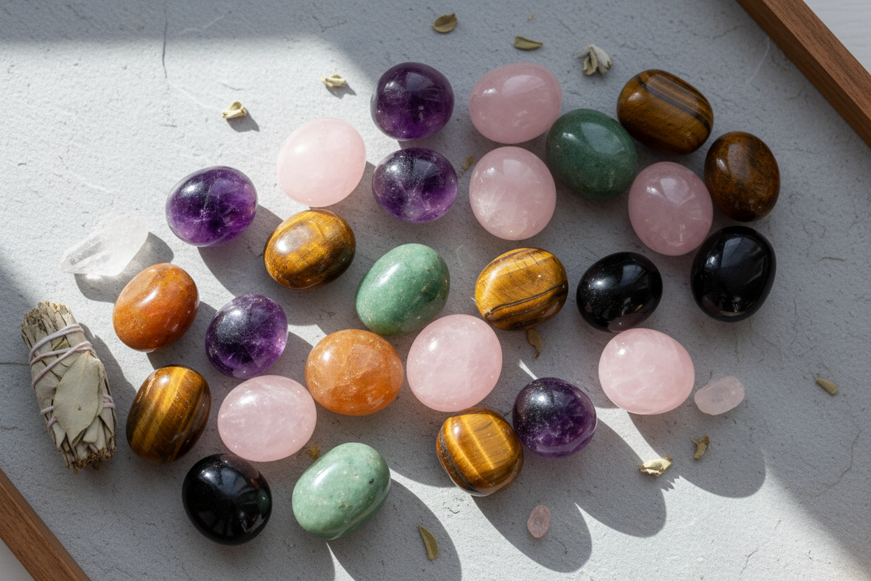Crystal tumblestones, gemstones and white sage smudge at My Florist Launceston Tasmania and Metaphysical Launceston