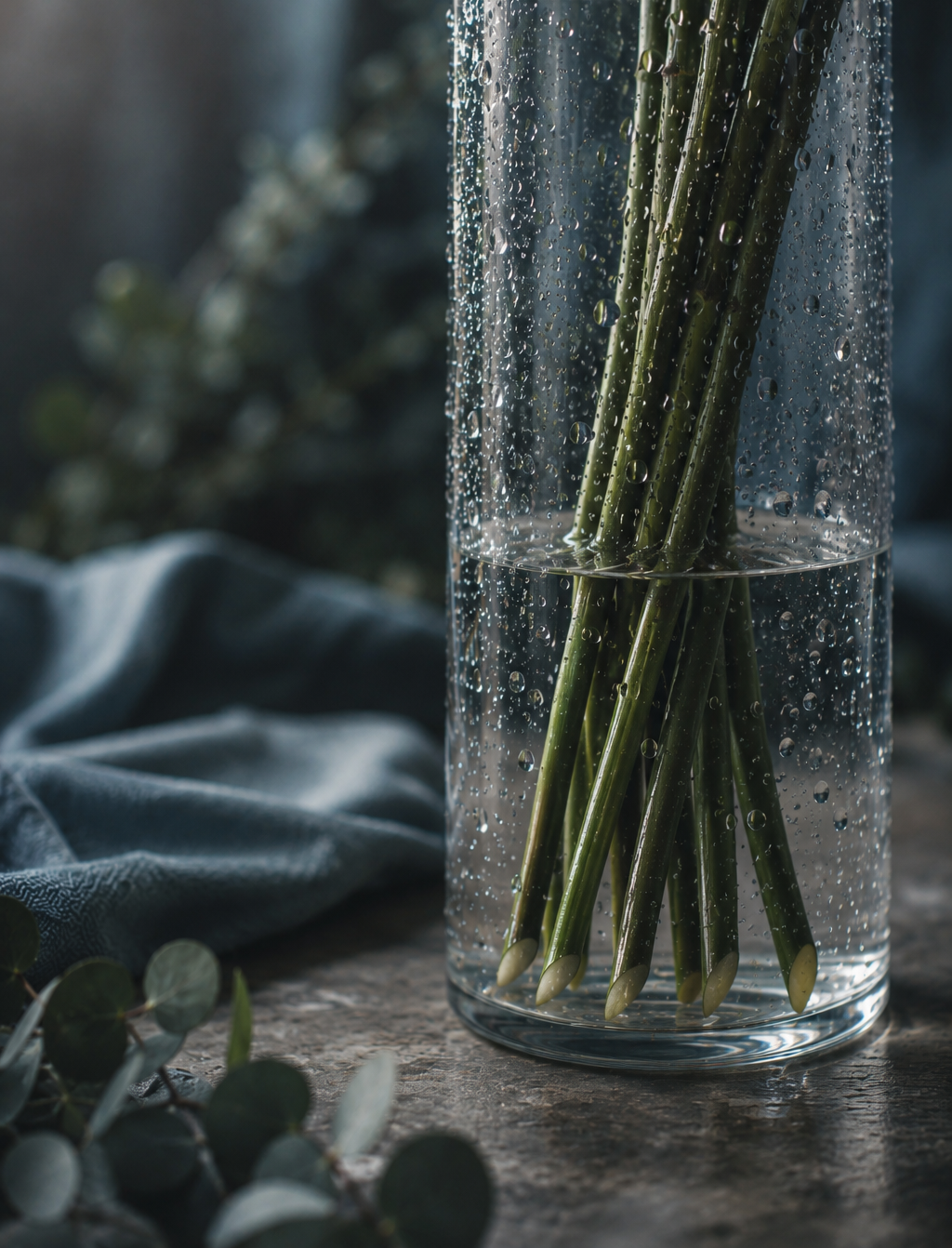 Clear glass vase with water droplets showing exposed plant stems.